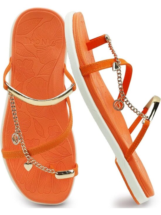 Shoes - Women Orange White Flat Slides Sandals Toe loop Strappy Square Open Toe Fashion